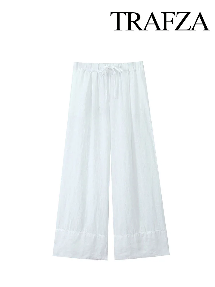 

TRAFZA Women Fashion Pants White High Waist Pockets Pleated Lace-Up Decorate Full Length Pants Female Summer Wide Leg Pants