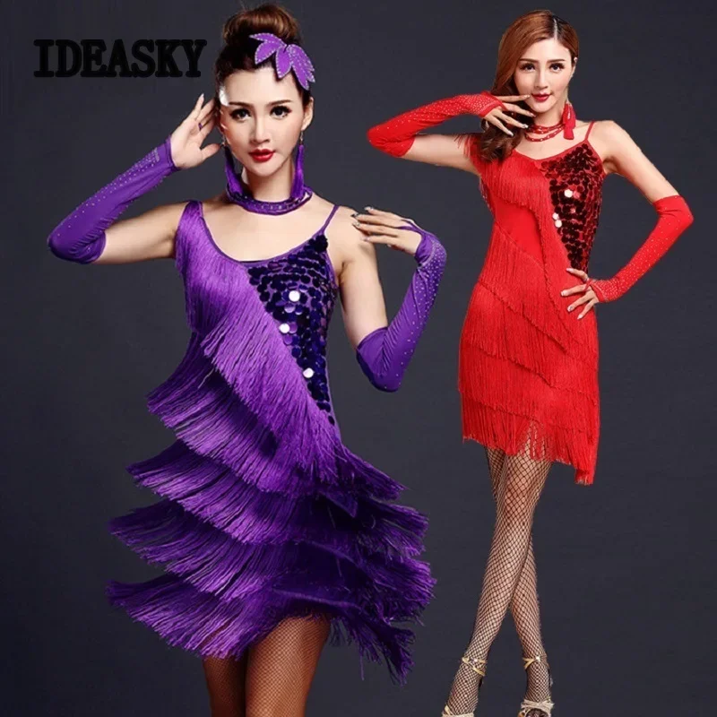 red latin dance costumes women salsa dancewear dance costume dresses ballroom competition dresses tango adult fringe gold sequin