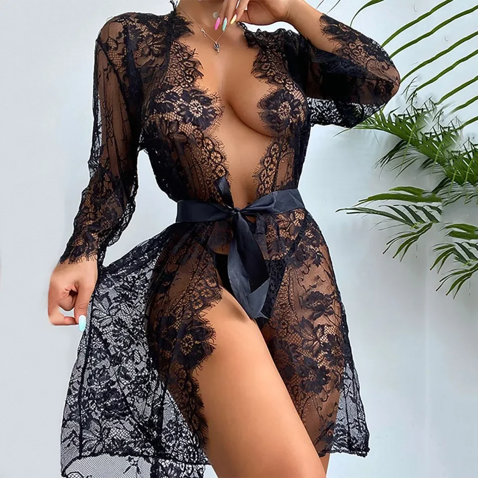 

Ultra-Thin Lace Cardigan Set Women Sexy Stain Strap Underwear Lace Trim Solid Color Perspective Lingerie Tie Lenceria Para Damas