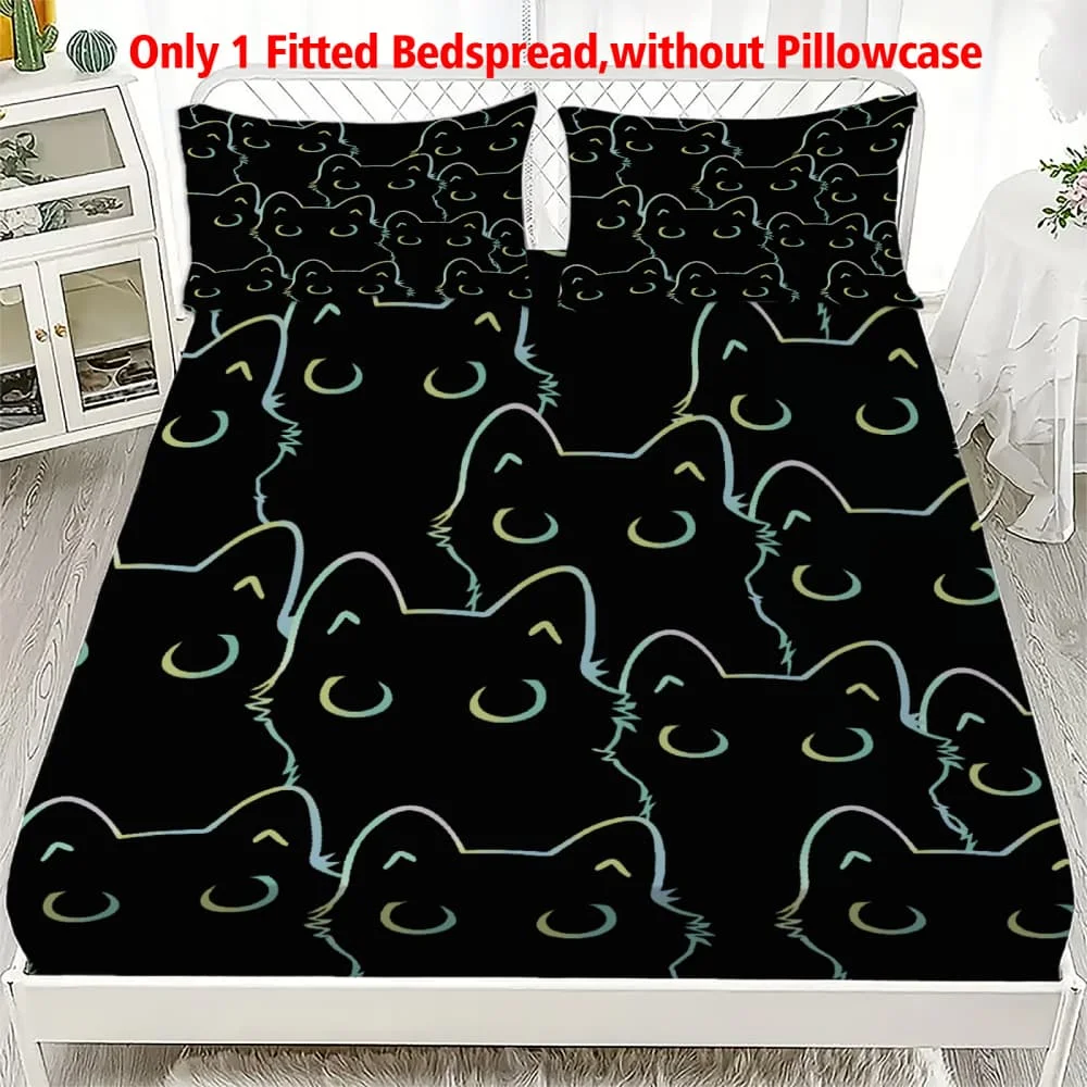 1pc Holographic Cat Silhouette Print Fitted Sheet Deep Pocket Elastic Mattress Cover Single Double Queen King Bedroom Decor