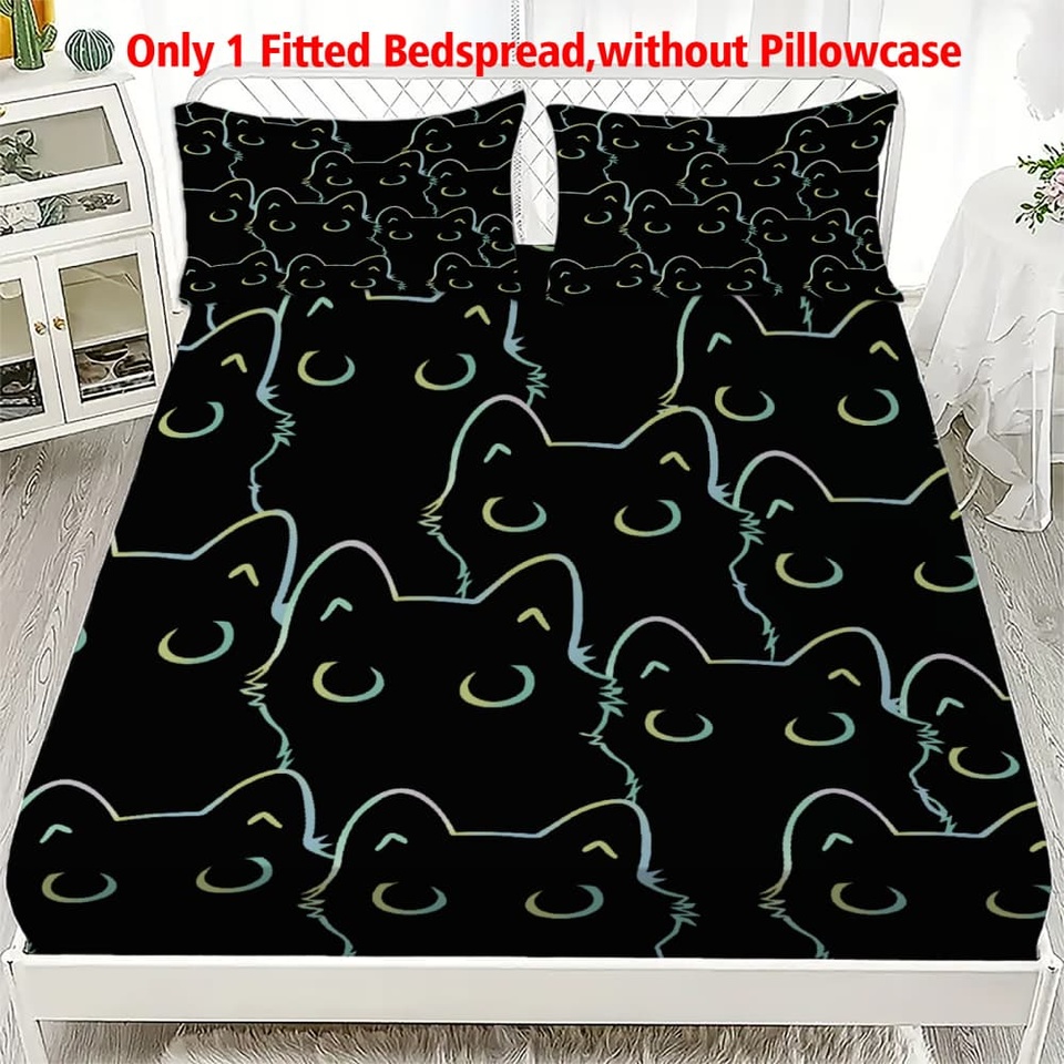  1pc Holographic Cat Silhouette Print Fitted Sheet Deep Pocket Elastic Mattress Cover Single Double Queen King Bedroom Decor 