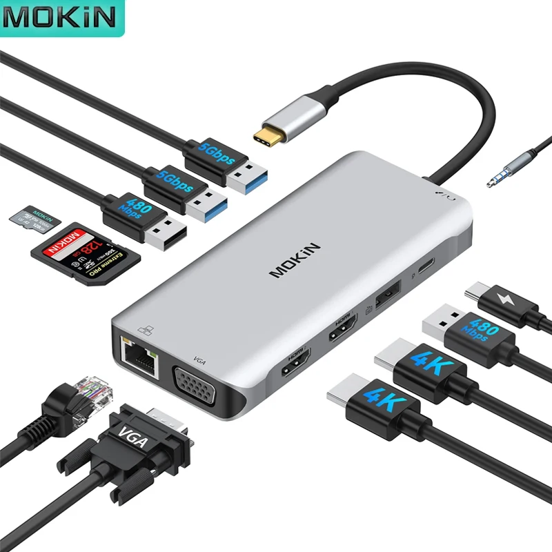 

Док-станция MOKiN USB Type-C для Macbook Air Pro, док-станция RJ45 Gigabit Ethernet USB Type-C для Dual HDMI VGA SD Reader для iPad M1/M2