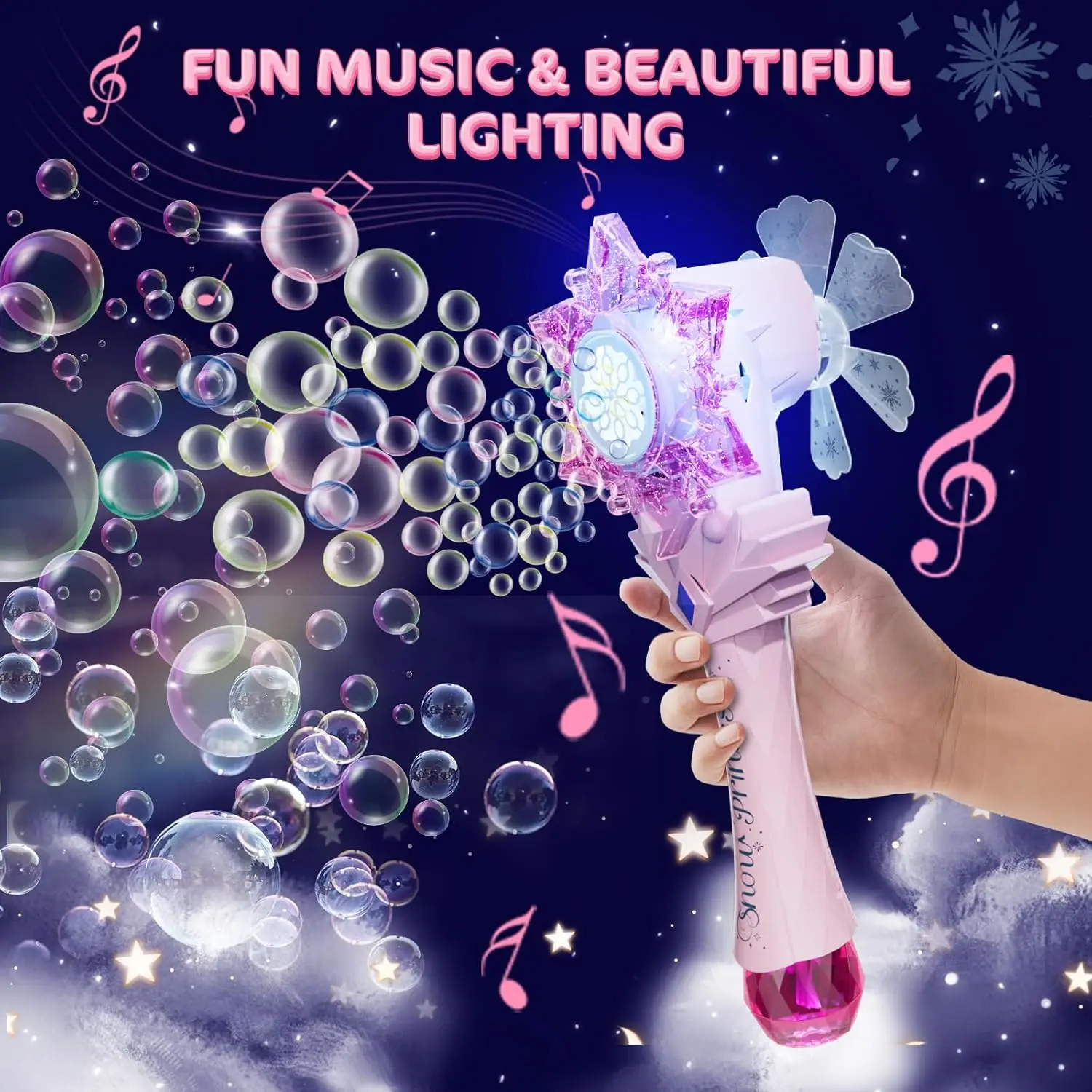 VATOS Bubble Wands X2 for Kids Auto Snowflake Bubble Blower Light & Music Bubble Machine with 2 Windmill Outdoor Toy Girls Boys