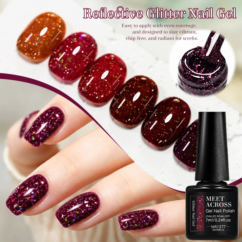 7ml Reflective Glitter Gel Nail Polish Soak‑off UV LED Red BrownSparkling Diamond Gel Varnish Semi Permanent Nail Art Manicure