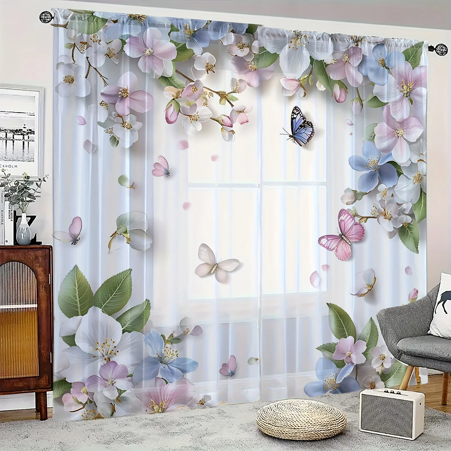 2pc floral butterfly sheer curtain for living room bedroom privacy and decor romantic style polyester fabric Elevate Your Space
