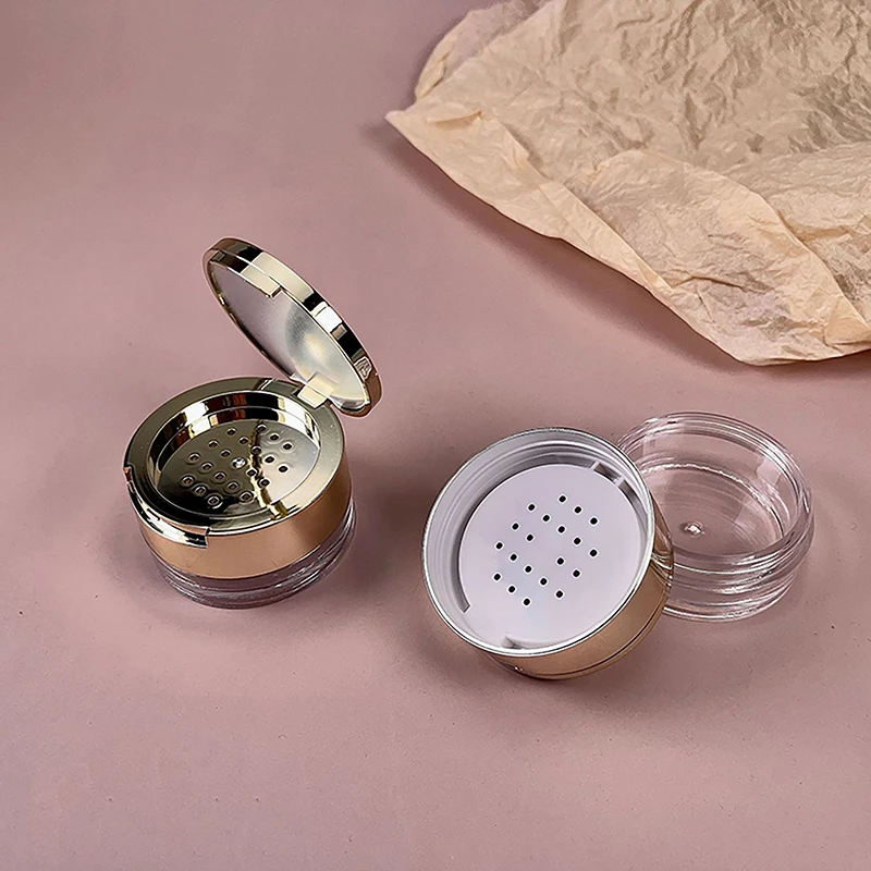 6g Gold Portable Cosmetic Flour Plastic Box Empty Loose Flour Pot With Sieve Travel Makeup Jar Sifter Container With Puff