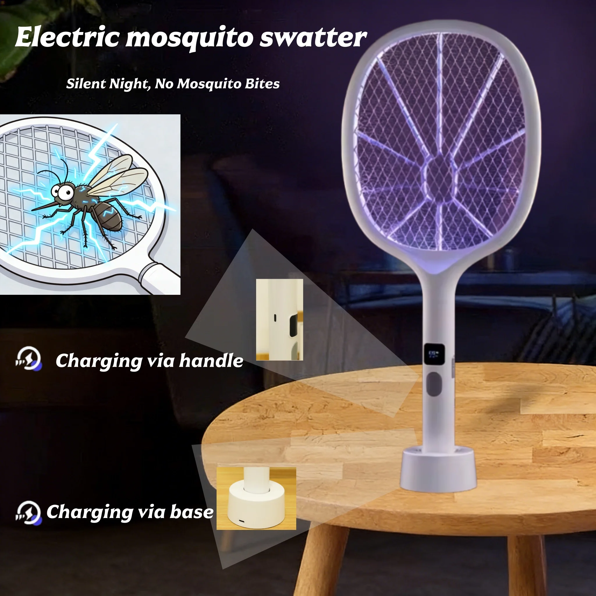 Raquete Elétrica de Mosquitos 3000V Aprimorada com Carregamento TIPO-C, Raquete Elétrica de Mosquitos 3 em 1, Lâmpada Mata-Mosquitos