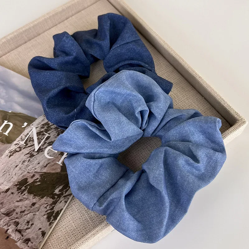 Retro Simple Denim Color Hair Scrunchies Headbands for Womens Girls Sweet Temperament Hair Rope Ponytail Rubber Band Headdress