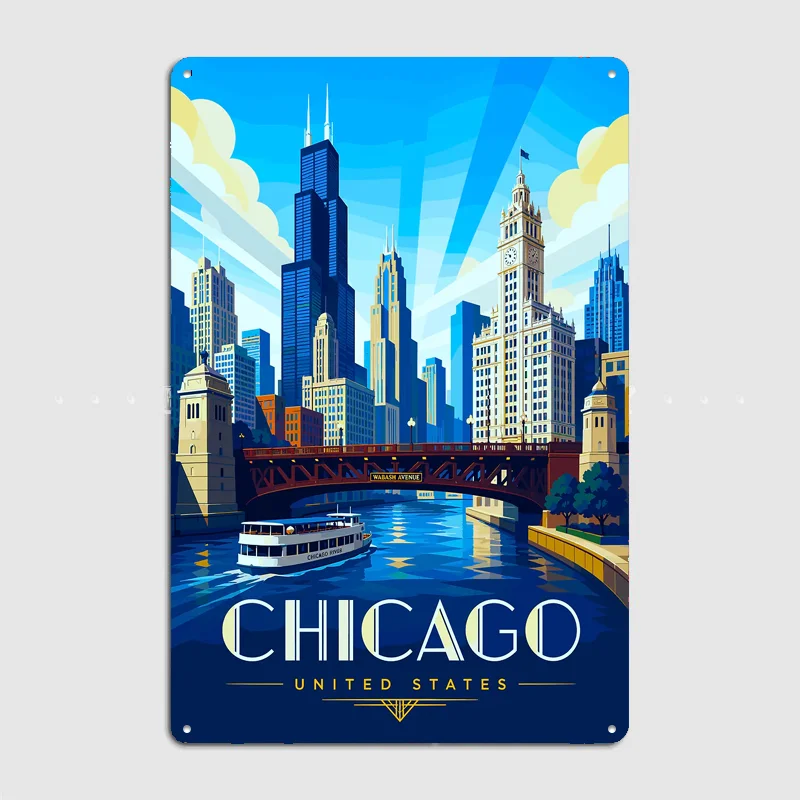 Chicago USA Skyline Art Poster Metal Custom Sign Living Room Wall Indoor Decor Room Decoration Bedroom Posters Home Decor