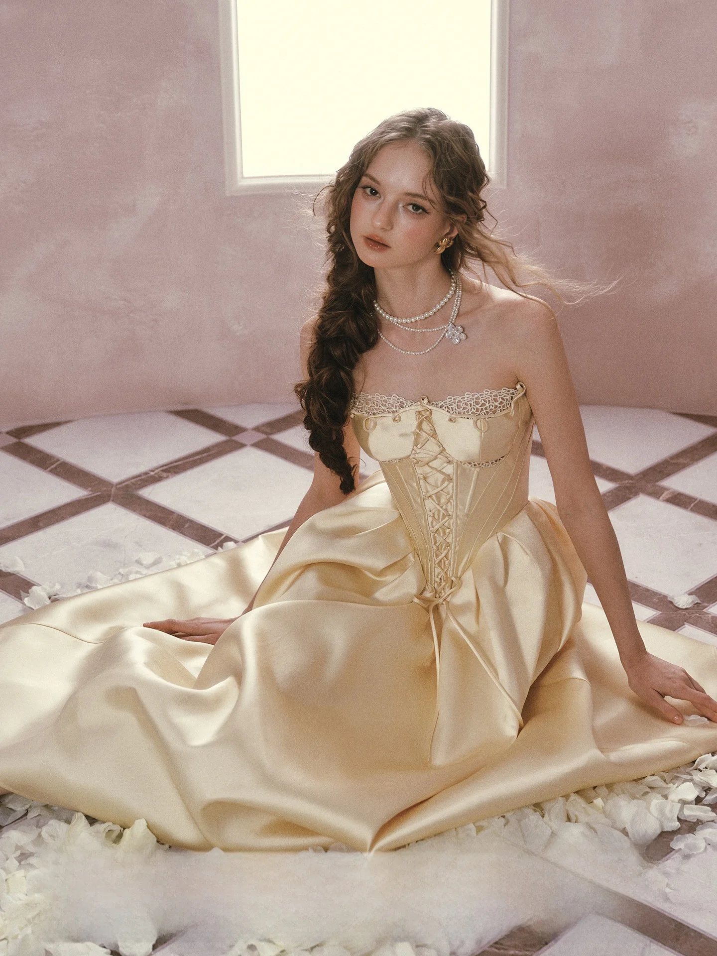 

Belle Bead Gold LaceMade Princess Series Satin Strapless Fishbone Dress Women's Fashion French Style Adjustable Waist Fairy S...