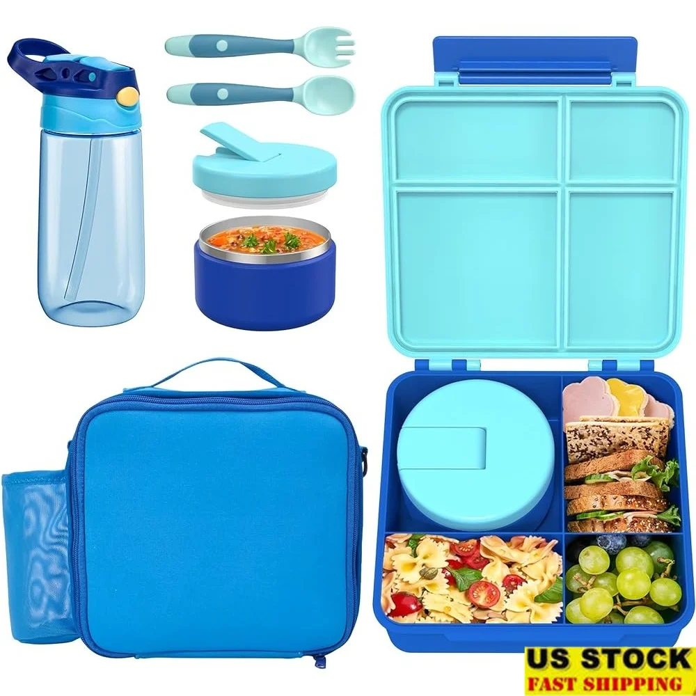 

Kids Bento Lunch Box Set 4 Compartments Insulated Lunch Bag Water Bottle Food Jar Perfect Gifts Ages 3-12 Back to School