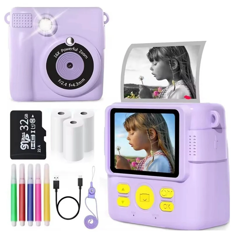 AIAI Children's Instant Printing Camera Cartoon Smart Toy DIY HD Mini SLR 1080P Digital Camera, Thermal Printing Camera