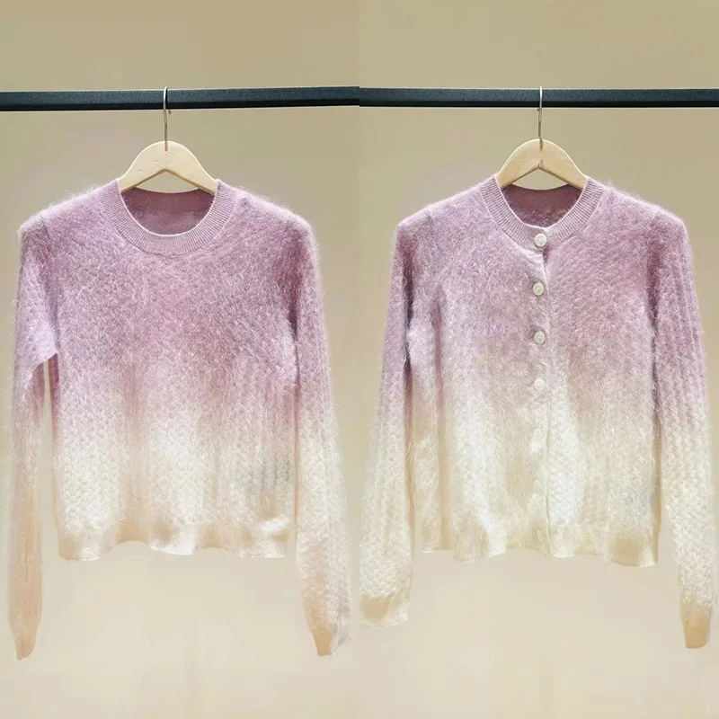 

【Подарок бесплатно】Осенне-зимний модный градиентный сиреневый шерстяной вязаный уютный нечеткий теплый свитер с круглым вырезом для женщин 2025