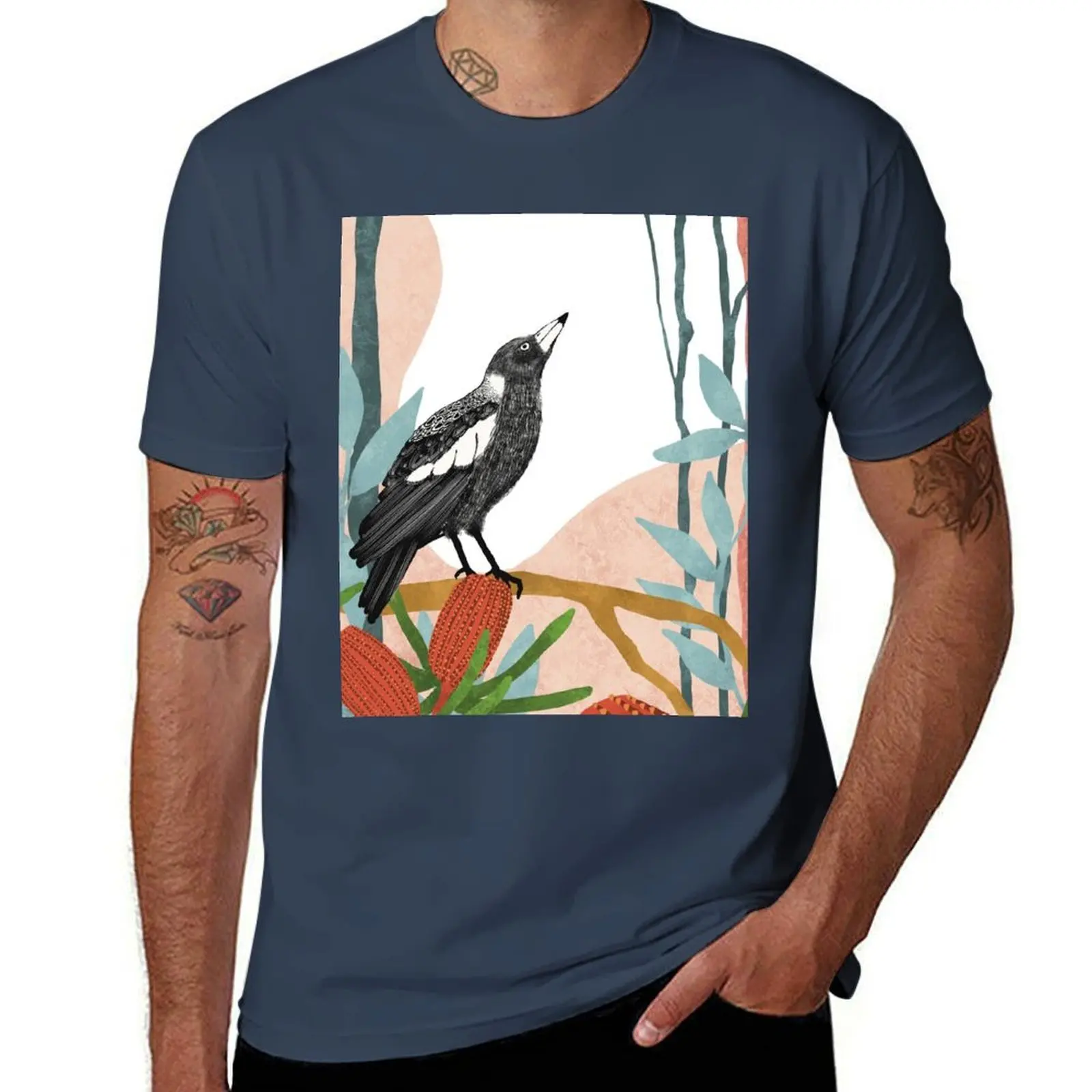

Australian Magpie amongst Banksia Flowers T-Shirt funny t shirts man essential t shirt t shirts for man pack white T-Shirt
