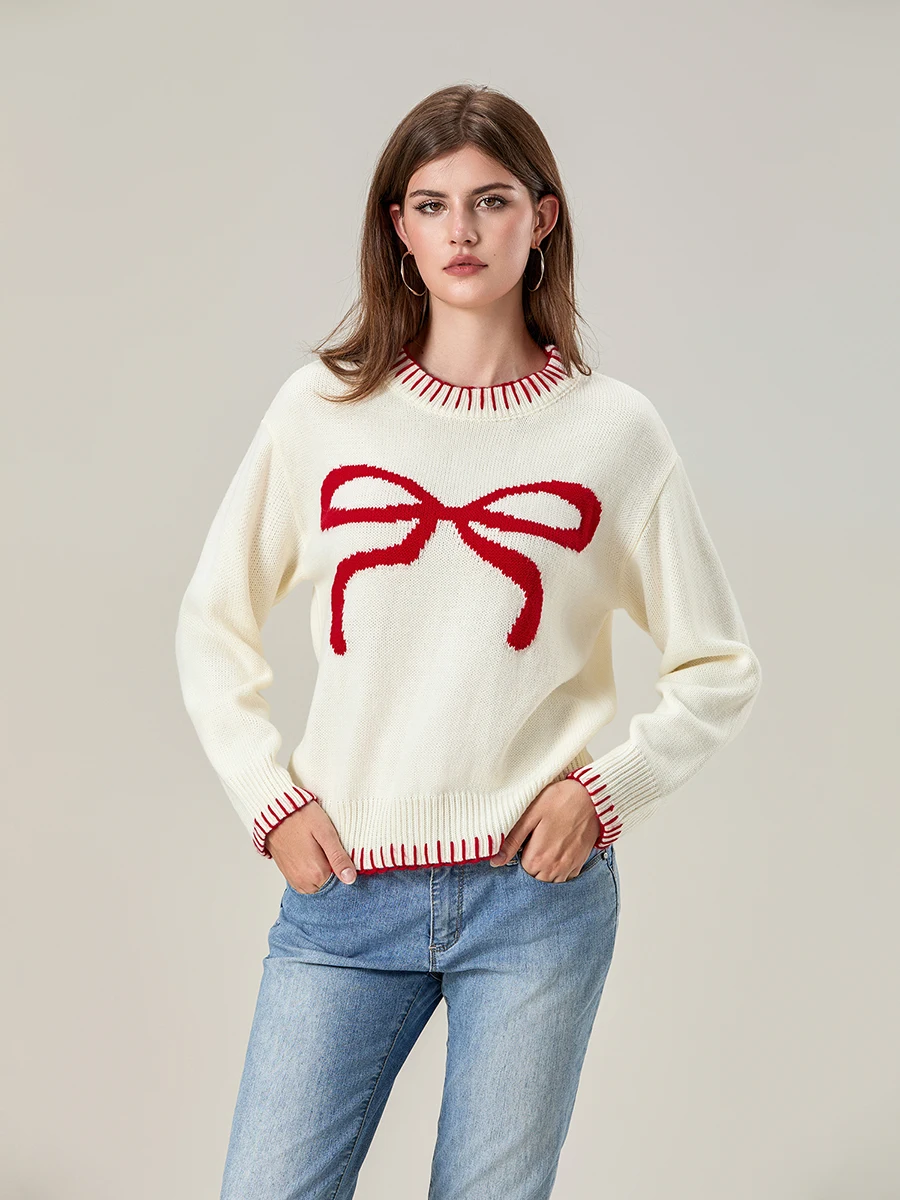 wsevypo Fall Winter Cute Big Bow Patter Knit Sweaters Women's Casual Long Sleeve Pullover Tops Warm Jumpers Basic Knitwears