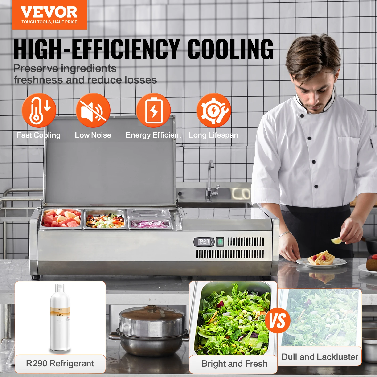 VEVOR 130W Refrigerated Countertop Condiment Prep Station, w/1 1/3 Pan & 4 1/6 Pans,304 Stainless Body and PC Lid,for Restaurant