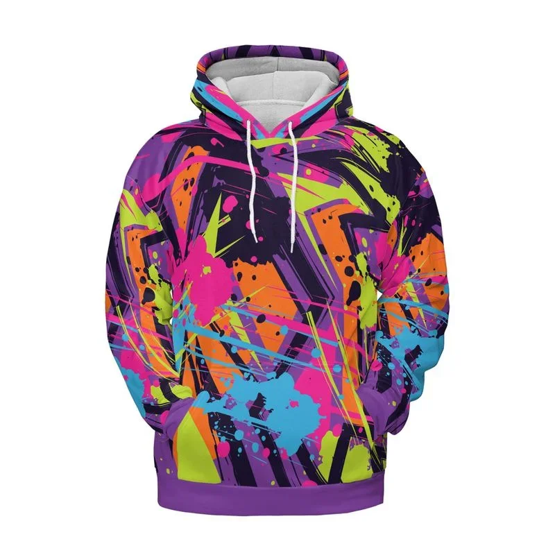 Men Hoodie 3D Print Colorful Paint Splash Graffiti Pattern Polyester Long Sleeve Hooded Pullover Sweatshirt