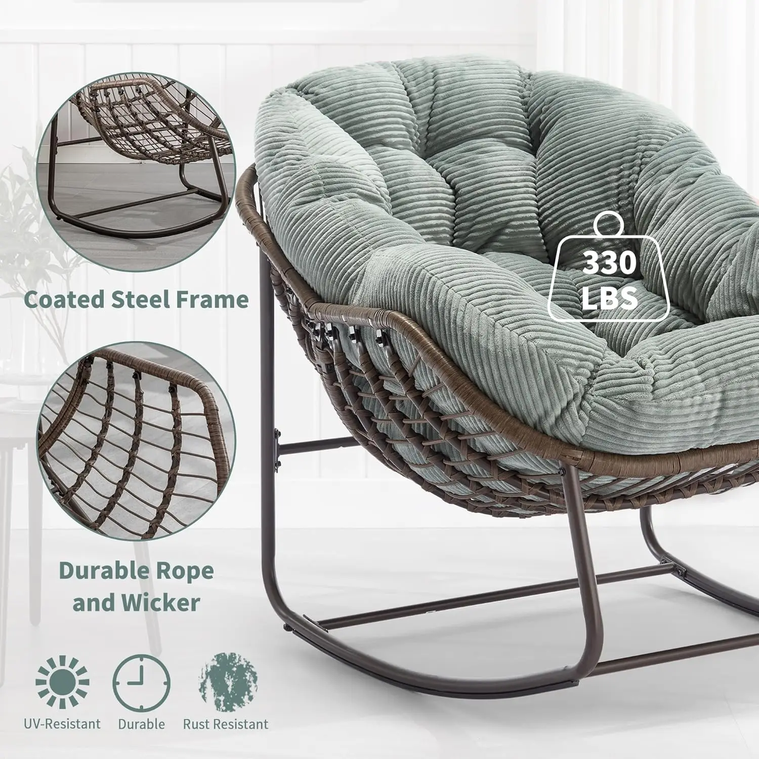 Outdoor Papasan Rocking Chair - Oversized Comfy Patio Chair, Green Egg Rattan Rocker with Velvet Cushion for Porch, Lawn, Living