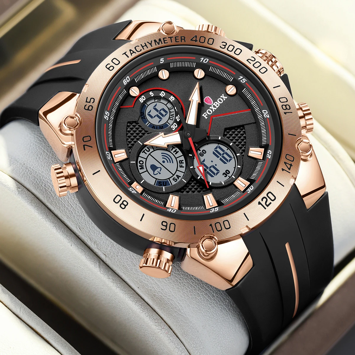 

FOXBOX Спортивные часы для мужчин Прочные светящиеся двойной дисплей Водонепроницаемые кварцевые наручные часы Спортивный силиконовый ремешок Relogios Masculino