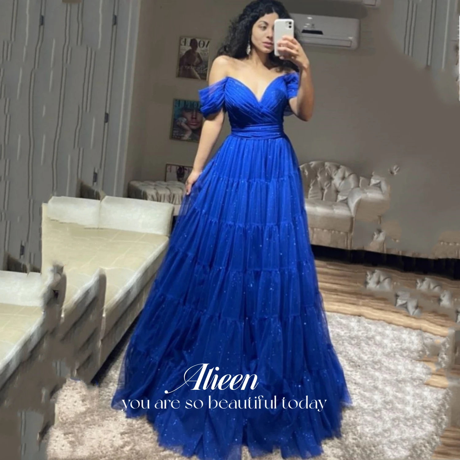 

Aileen Shiny Long Wedding Party Dress Women Elegant Luxury Evening Dresses 2024 Mesh Off the Shoulders Ball Gown Blue Layered