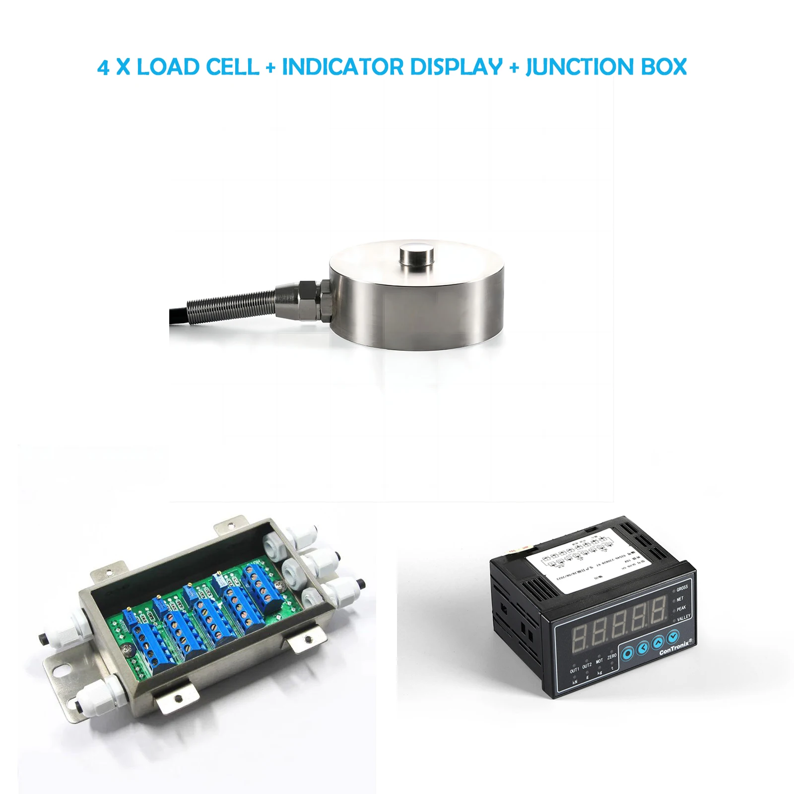 Cella di carico 4x + Display indicatore + scatola di giunzione, sensore di pressione del peso della forza di compressione di prova per bilancia con lettura digitale