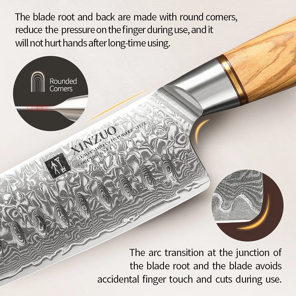 XINZUO 7'' in Santoku Knife Powder Steel Core 73 Layers Damascus Stainless Steel Olive Wood Handle with Handmade Box Packaging