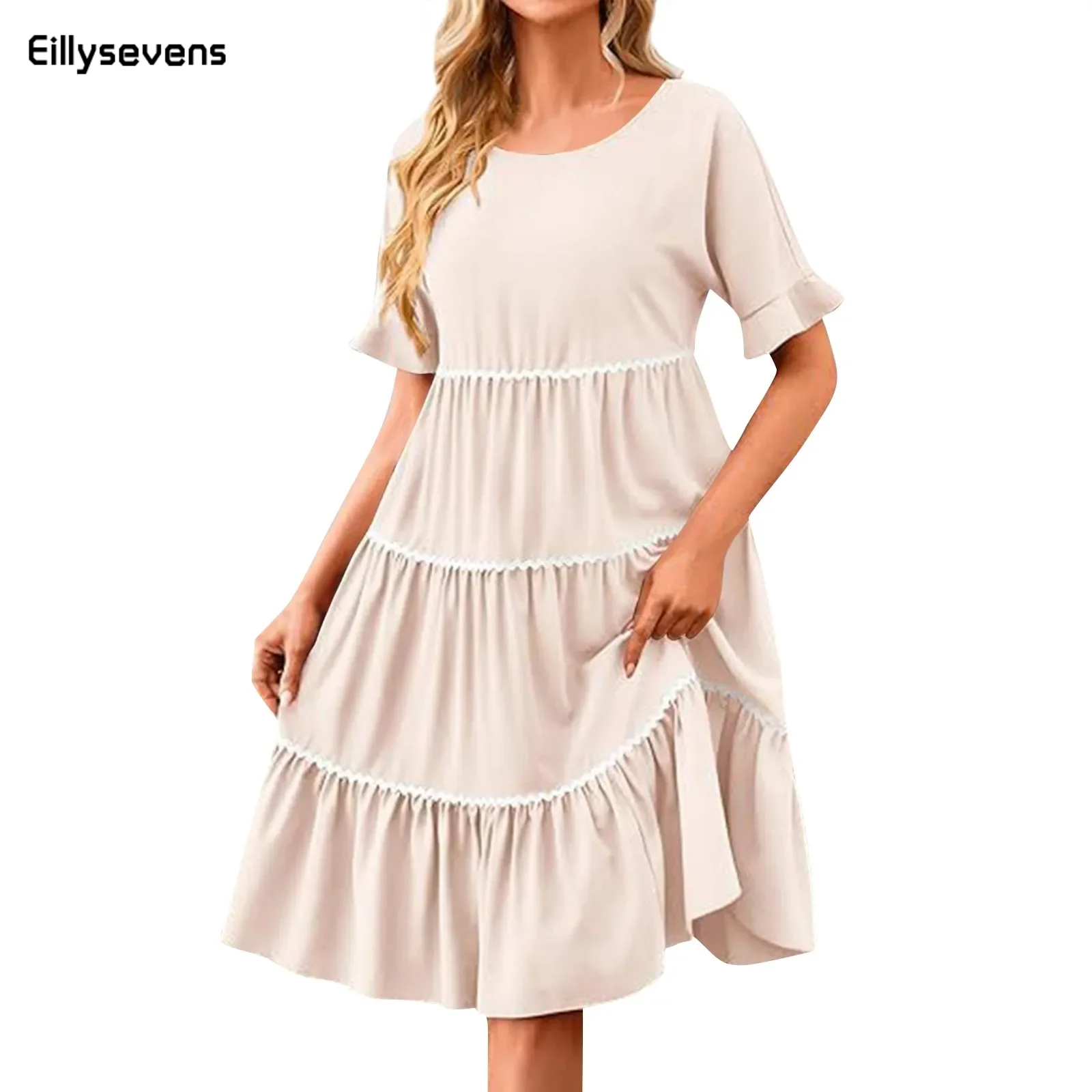 

Elegant Solid V Neck A Line Dress 2024 New Summer Ruffles Loose Mini Dress Casual Short Sleeve Beach Party Vestidos Streetwear