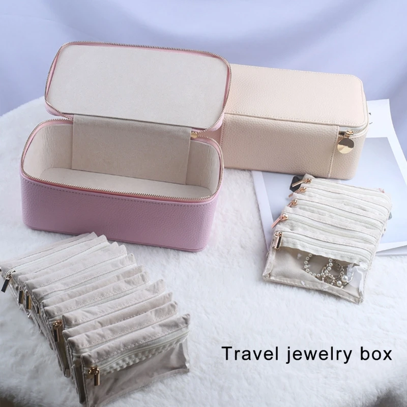Elegant Travel Jewelry Case With 12 Velvets Zippers Pouches PU Leather Earrings Necklaces Accessories Holder