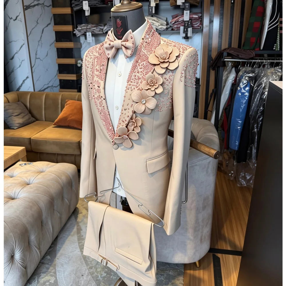 Luxury Rhinestones Men Suits Slim Fit Customized Groom Best Man Wedding Party Tuxedos 3 Pieces Sets Male Blazers Traies Dehombre