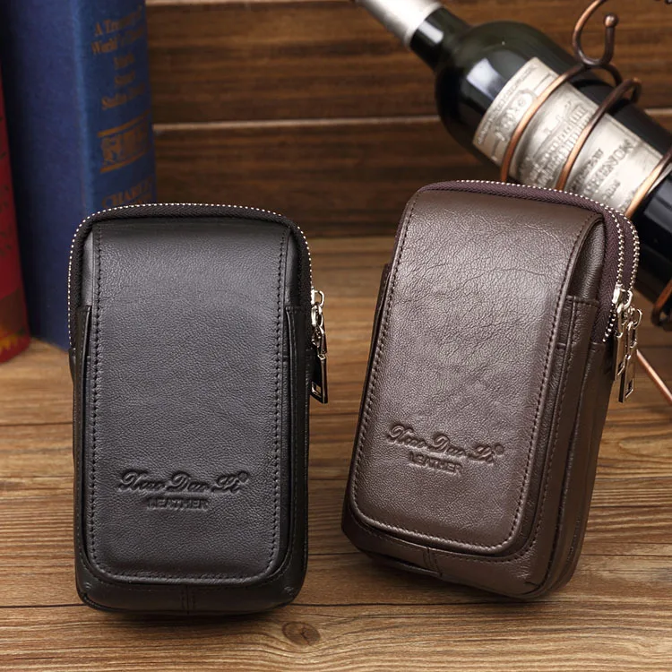 Men's leather mobile phone fanny pack wearing belt 4.7/5/6 inch mobile phone bag cowhide mini fanny pack