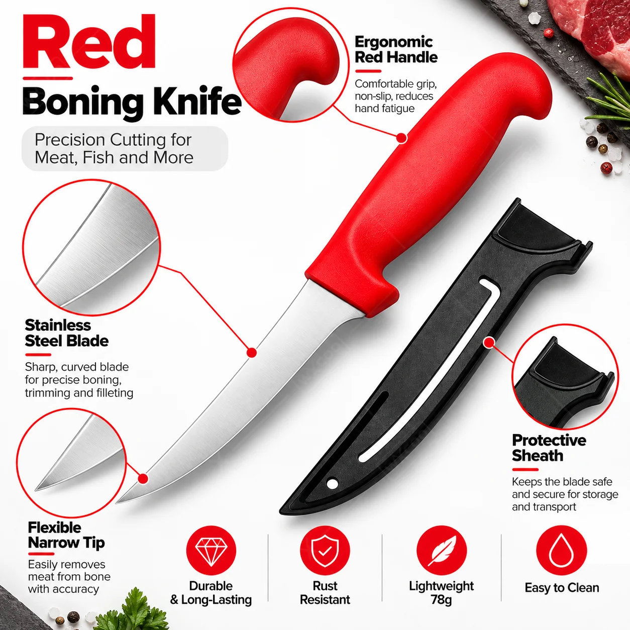 WXCOO Boning Knife Kitchen Meat Cleaver Fish Fruit Paring Knives Kitchen Stainless Steel with Sheath for Home Cutting Tools