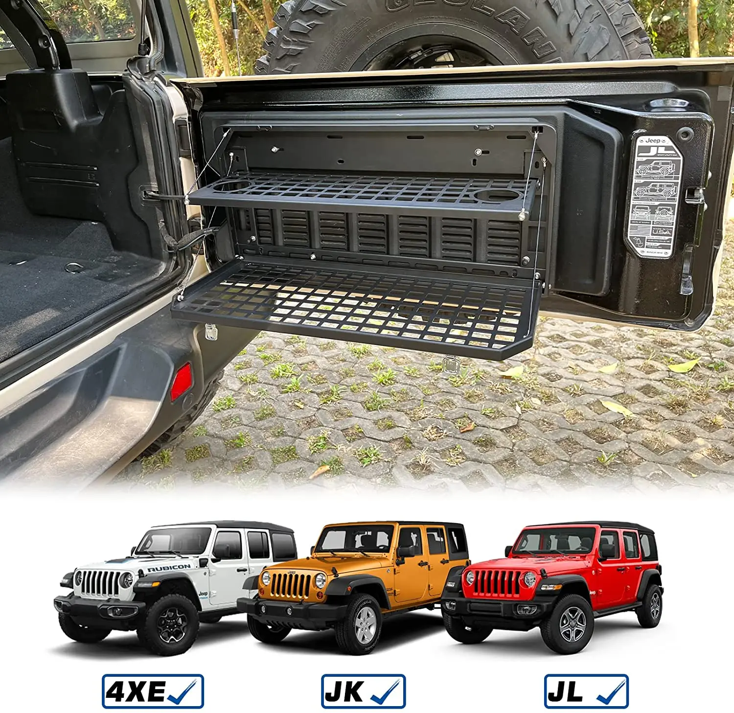 2-Tier Tailgate Table Rear Foldable Storage Cargo Rack Outdoor Camping Desk For Jeep Wrangler 2007-2018 JK JKU & 2018-2022 JL