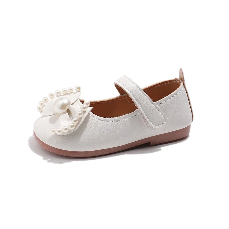 Little Girls Leather Shoes Medium Big Children Casual Flats with Pearls Beading Bow-knot Princess Sweet Chic Soft Quality Spring