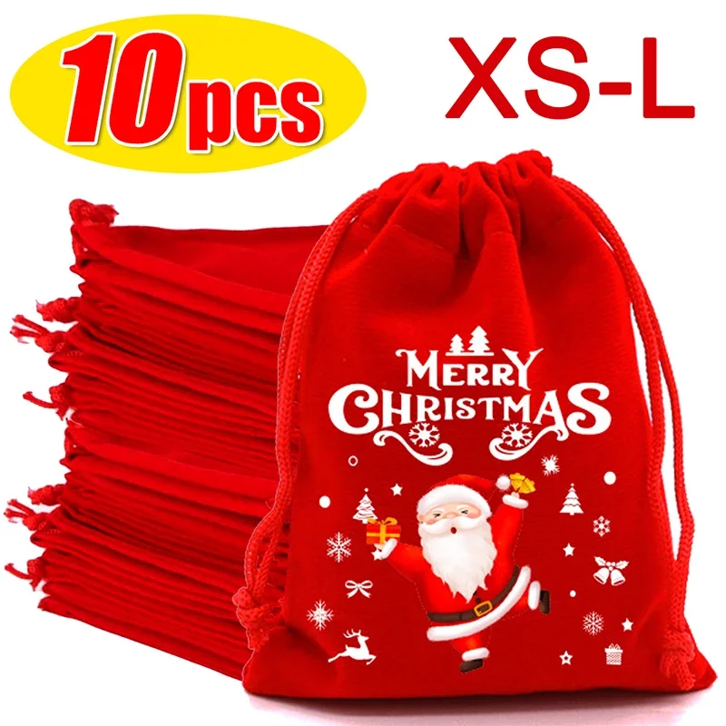 1/10szt Czerwona świąteczna aksamitna torba ze sznurkiem Santa Candy Gift Snack Wrapping Xmas Party Favor Jewelry Packaging Storage Bag