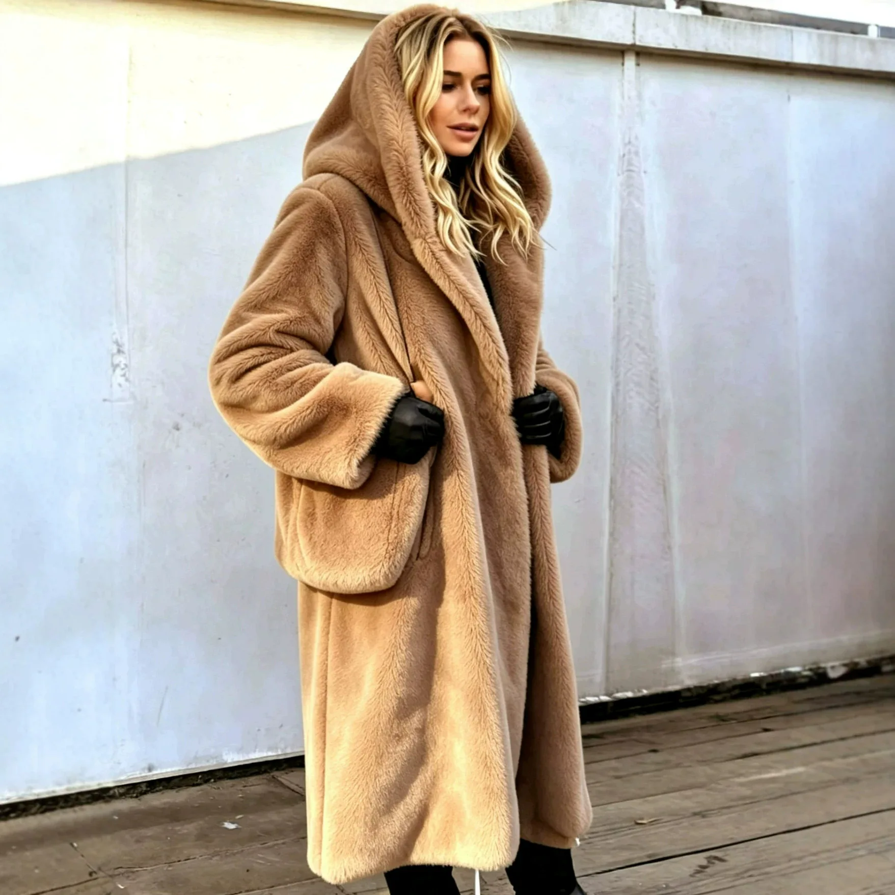 Women Faux Fur Coats Jackets Hooded Mid Length Coat Thick Warm Y2k Streetwear Jacket Elegant Work Outerwear Autumn Winter