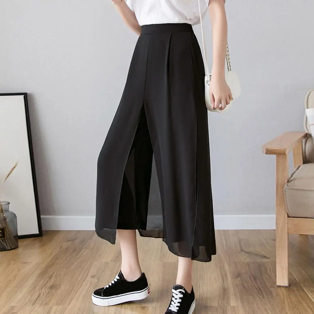 Calças femininas de chiffon de cintura alta de perna larga, saia de poliéster elegante culottes, moda moda moda