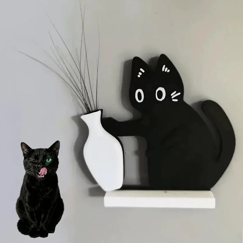 4pcs Refrigerator Magnets Black Cat Pushing Vase Decor Cat Whisker Collection Memorial Box Fridge Magnet Home Office Decor For G