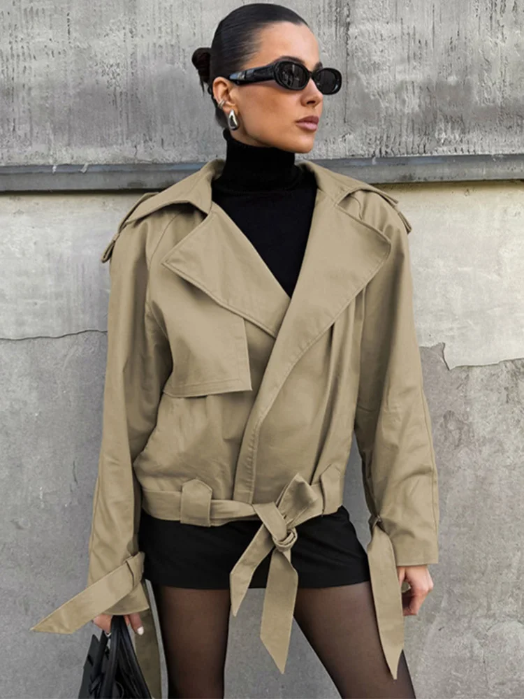 

Trendix Fall Vintage Trench Coat For Women's 2025 Fashion Belted Bow Long Sleeve Jackets Autumn Winter Street Lace Up Jackets
