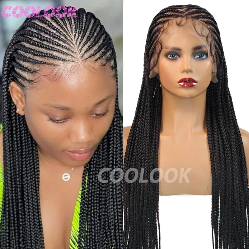 

Tribal Braids Wig Synthetic Full Lace Front Braided Wigs 36'' Cornrow Black Braids Wig Women Knotless Glueless Jumbo Braided Wig