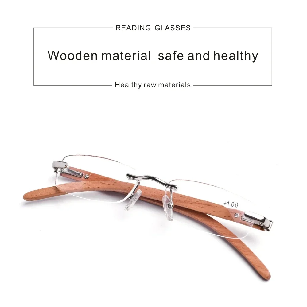 Randlose Lesebrille für Herren, Lupen für Damen, Holz, klares Acryl – Detail 3
