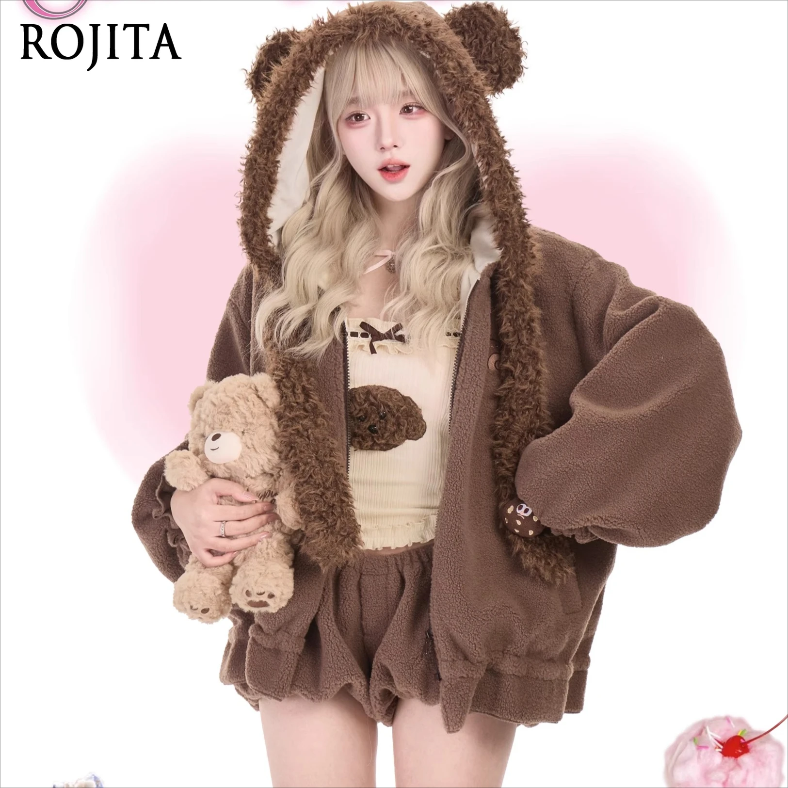 

Girl Style Winter Apricot Knitted Camisole + Brown Shorts + Brown Plush Hoodie Jacket Japanese Cute Lolita Clothing
