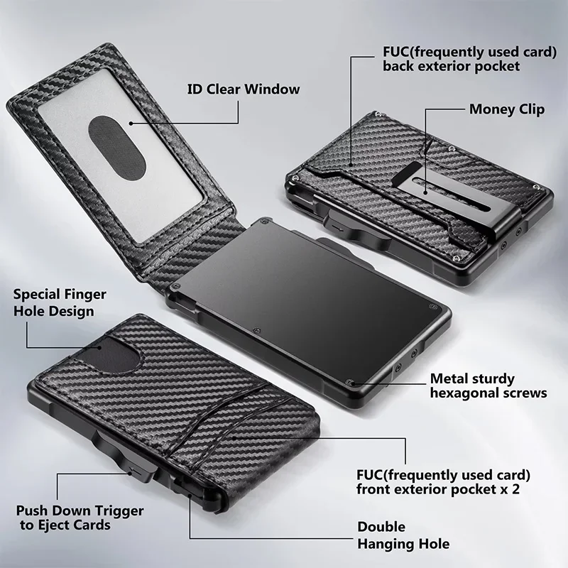 محفظة من ألياف الكربون Rfid من الألومنيوم، محفظة ذكية منبثقة، حامل بطاقة الائتمان، محافظ بمشبك نقود معدني ثنائي الطي للرجال