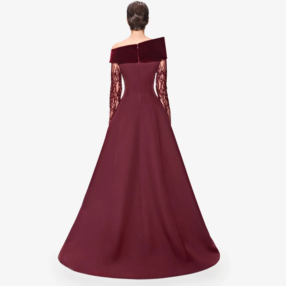 Customized Burgundy Off the Shoulder Evening Dresses Beading Full Sleeve A Line Birthday Dress Portrait Neckline Formal Gowns