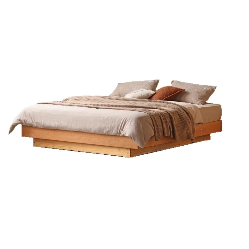 Solid wood box without bedside storage bed, cherry wood small apartment tatami flat edge suspension bed