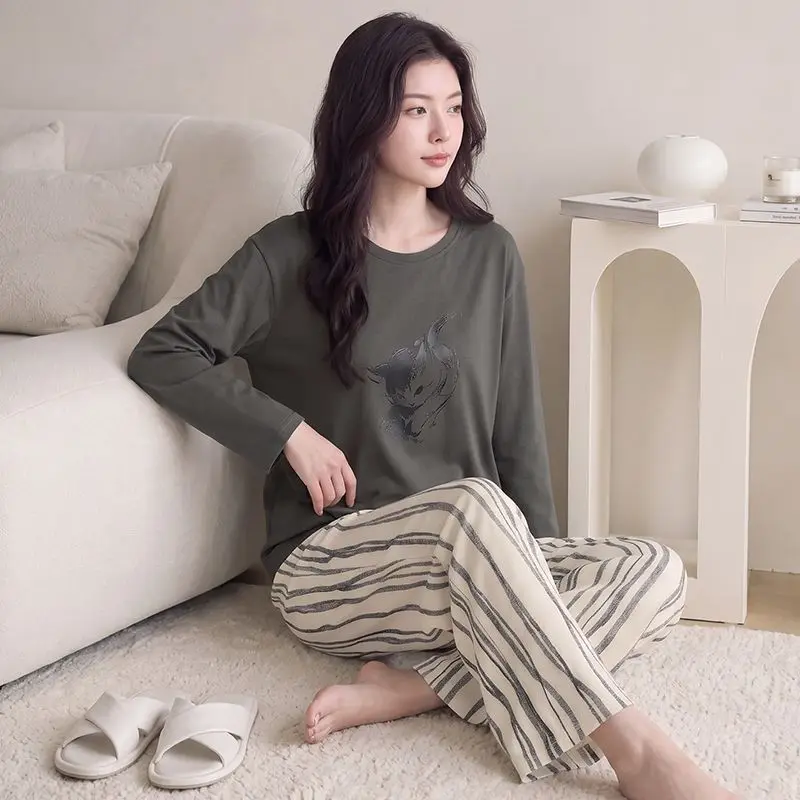 2026 Autumn Long Sleeve 100% Cotton Print Pajama Sets for Women Korean Loose Sleepwear Pyjama Homewear Pijama Mujer Home Clothes 3