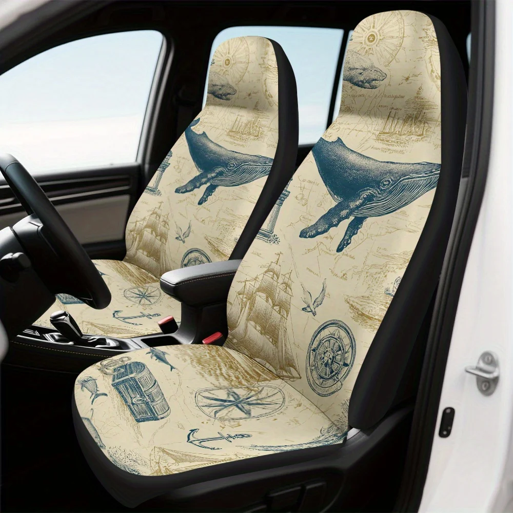 2pcs, Vintage Nautical Adventure Map Whale Ship Compass Print Decorative Car Seat Covers, Comfortable Washable Material, Fit Ad