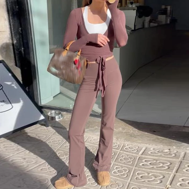 

Women 2 Piece Sporty Matching Set Casual Slim Fit Bandage Crop Tops T-shirt + Fitness Legging Pants Ladies Yoga Workout Outfits