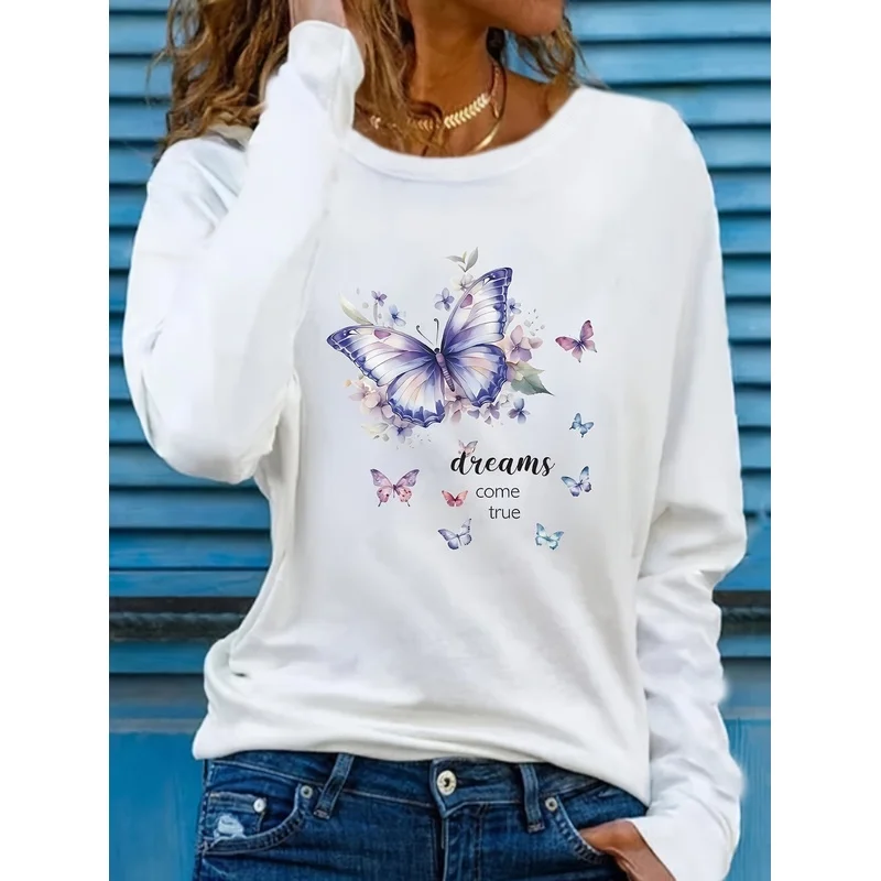 Women's Long Sleeve T-Shirt Watercolor Purple Butterfly Dreams Come True Graphic Crew Neck Slim Fit Spring Fall Tops