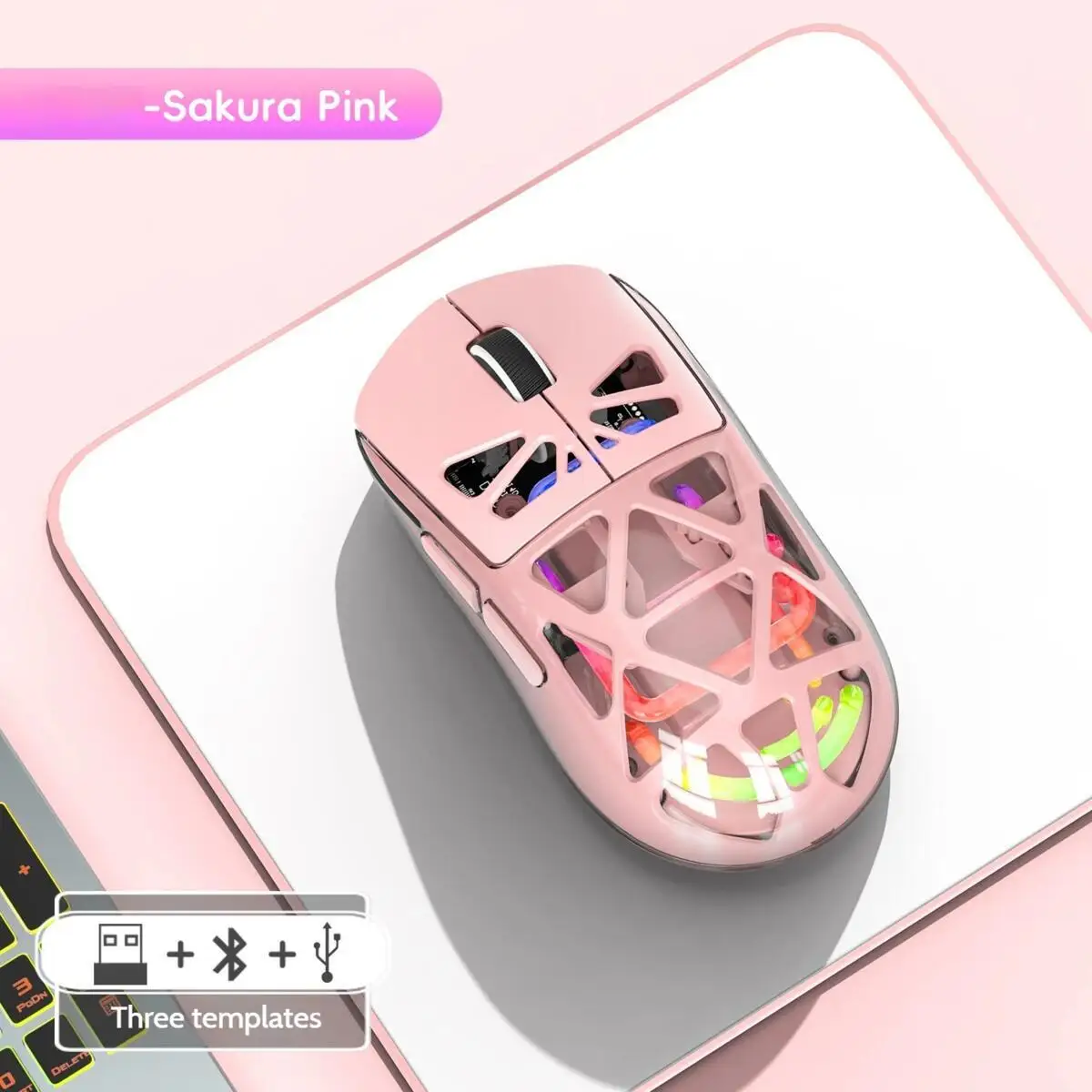 RGB Glowing Transparent Lightweight Wireless Bluetooth Tri-mode Esport Mouse Ergonomics Hollow out Mause For PC Laptop Computer