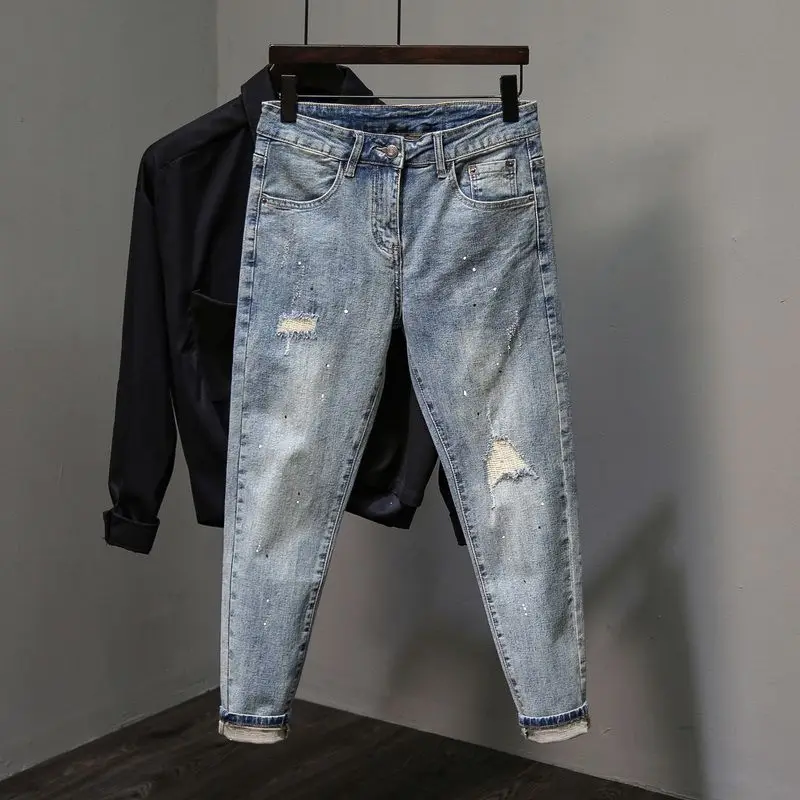 Fashion Men's Distressed Skinny Jeans Fashion Designer Destroyed Designer Streetwear Ripped Slim Fit Blue Washed Denim Pants